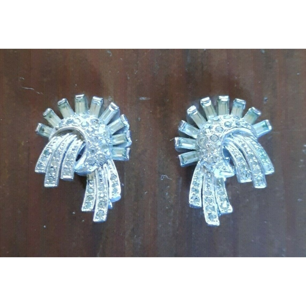 Vintage Pennino Sterling Silver Baguettes Clear Crystal Clip On Earrings